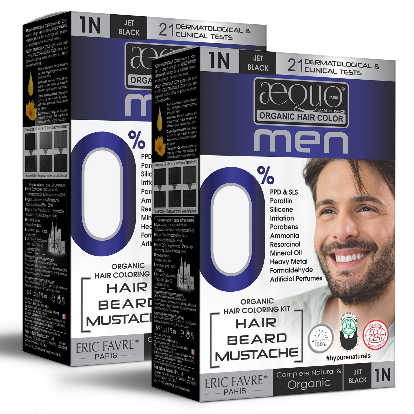 Aequo Organic 1N Jet Black Free Organic Hair Beard Mustache Color 170ml for Men (Pack of 2)