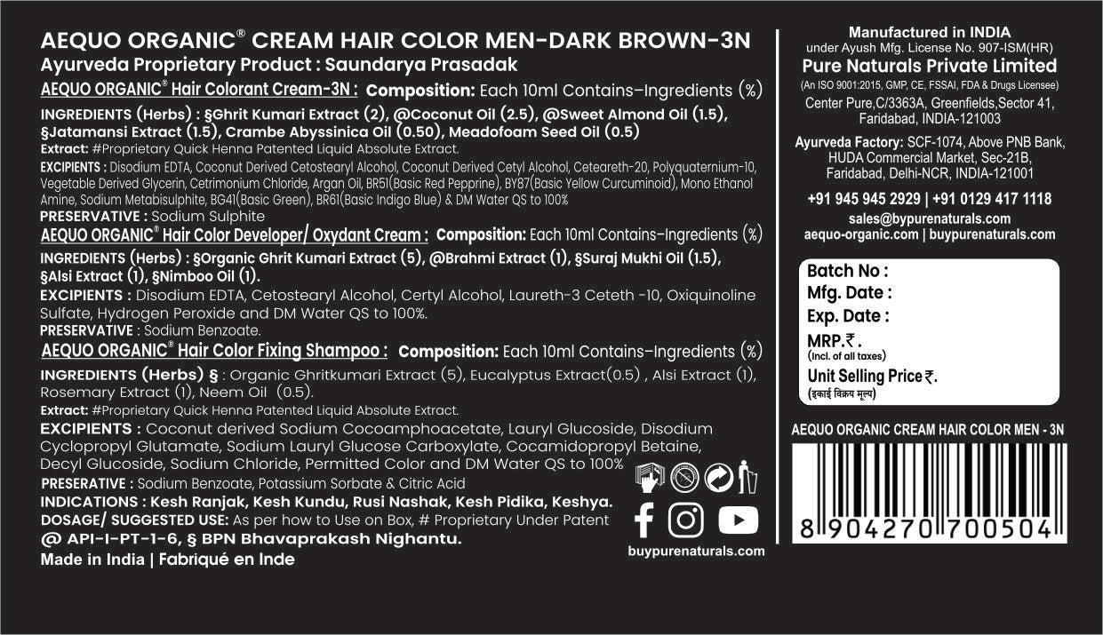 Aequo Organic Cream Hair Colour for Men- 170ml- 3N Dark Brown