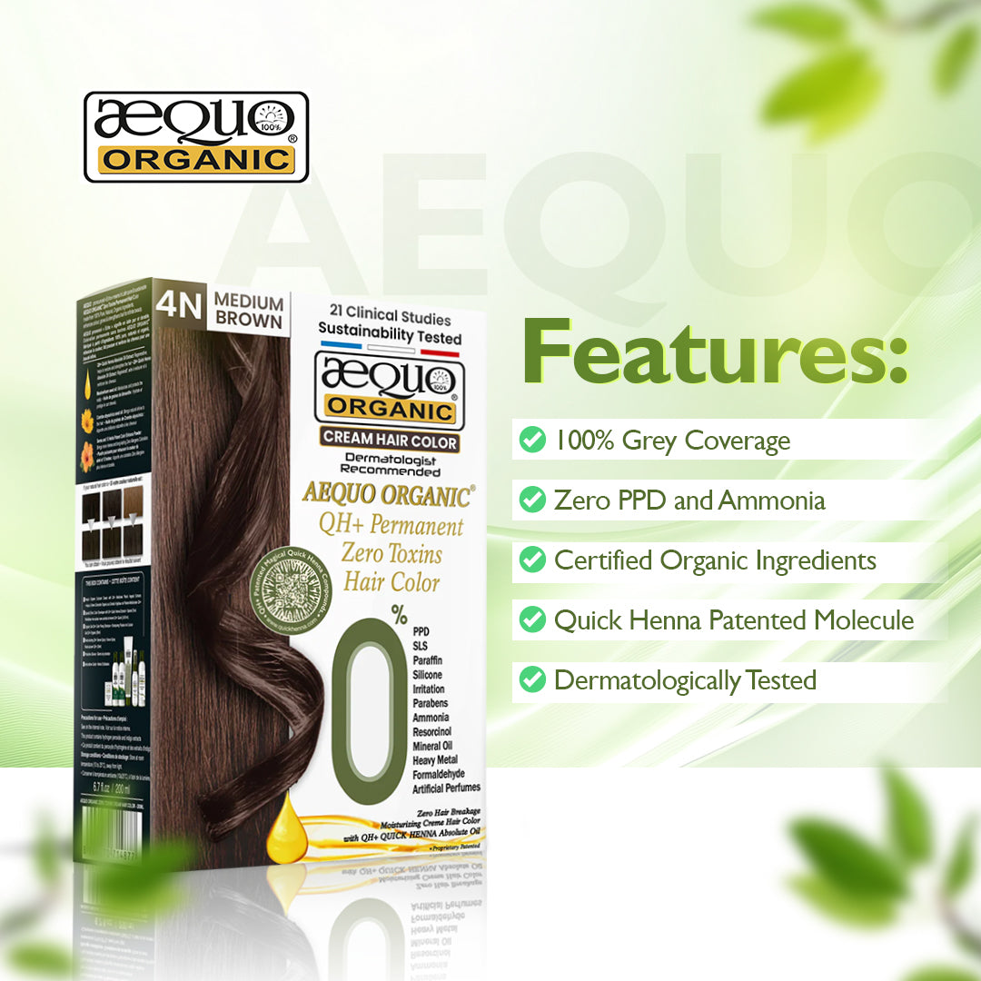 QH+ Aequo Organic Zero Toxins Cream Hair Colour- 200ml- 4N Medium Brown