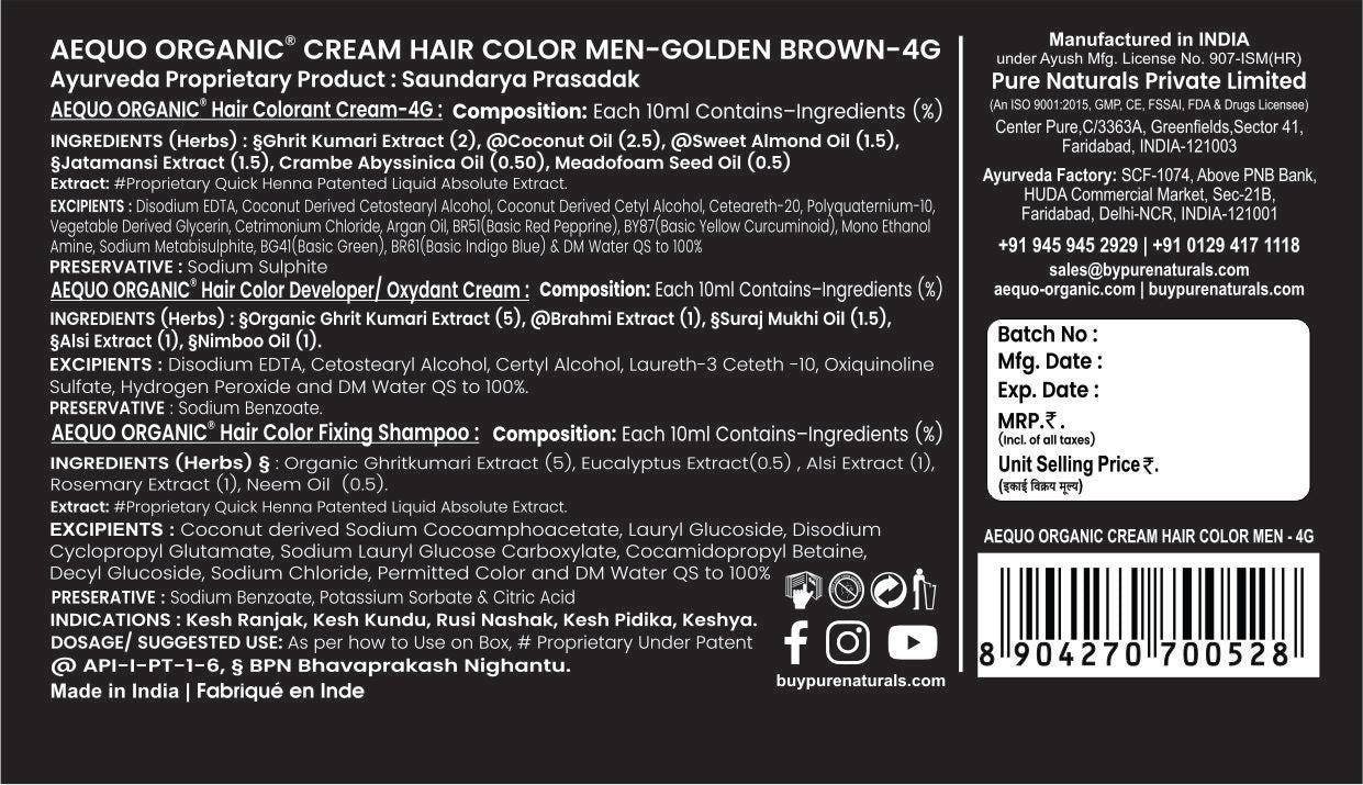 Aequo Organic Cream Hair Colour for Men- 170ml - 4G Golden Brown