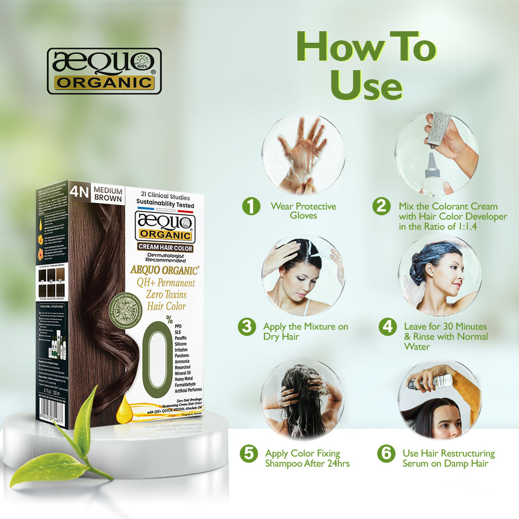 QH+ Aequo Organic Zero Toxins Cream Hair Colour- 200ml- 4N Medium Brown