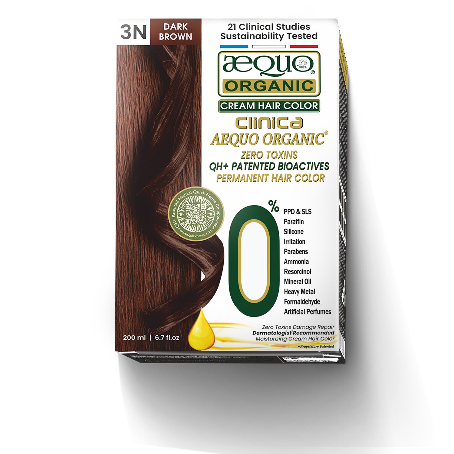 QH+ Aequo Organic Zero Toxins Cream Hair Colour- 200ml- 3N Dark Brown