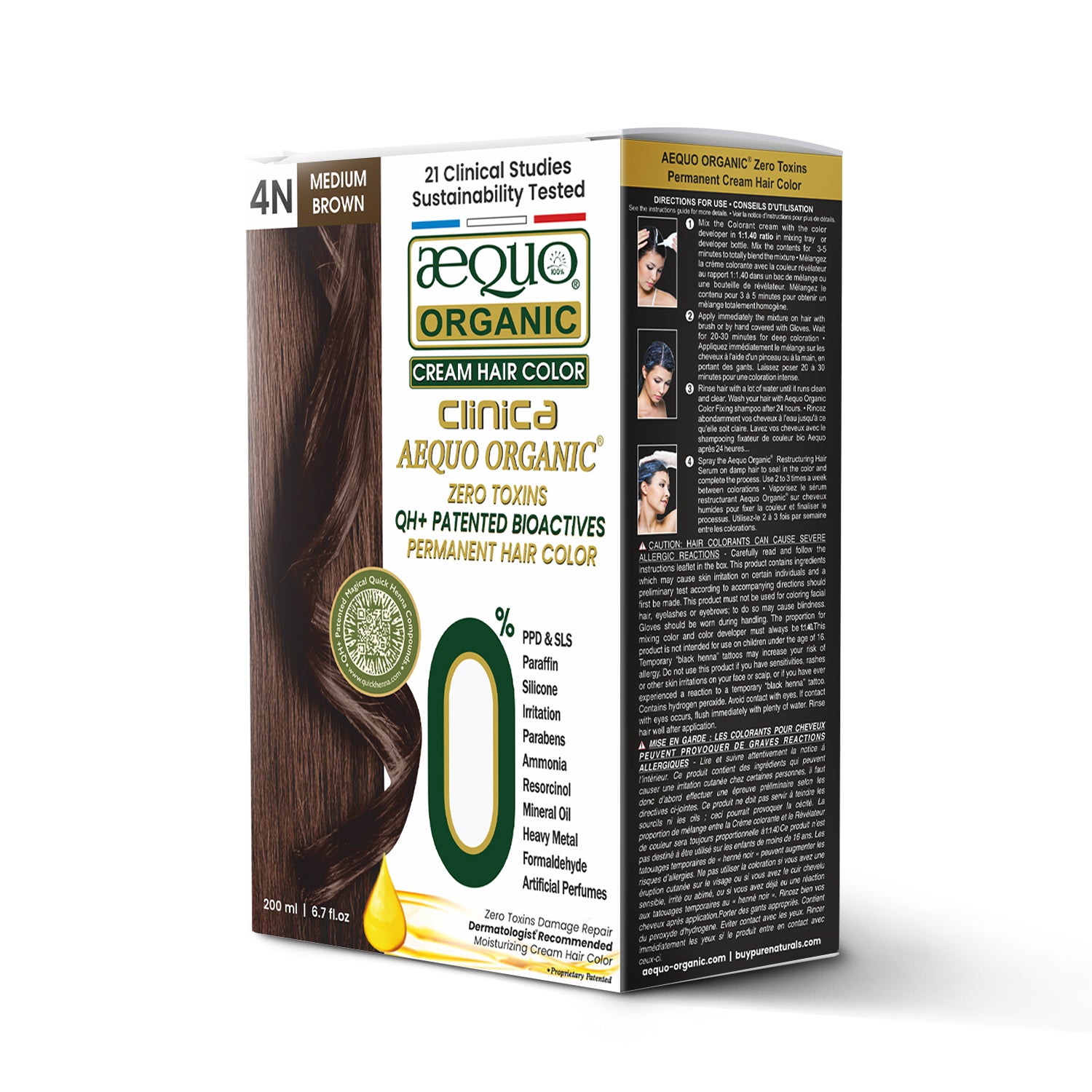QH+ Aequo Organic Zero Toxins Cream Hair Colour- 200ml- 4N Medium Brown