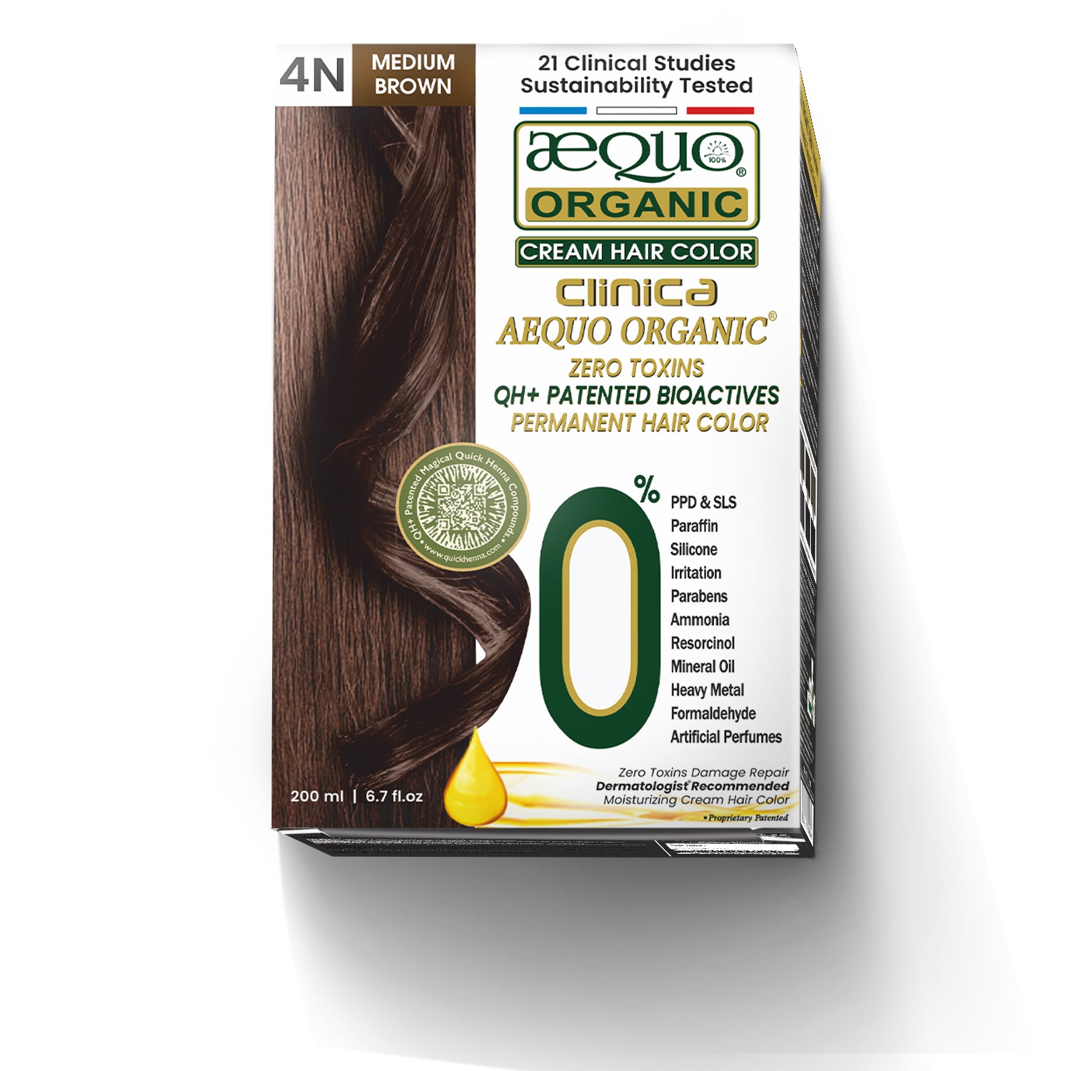 QH+ Aequo Organic Zero Toxins Cream Hair Colour- 200ml- 4N Medium Brown