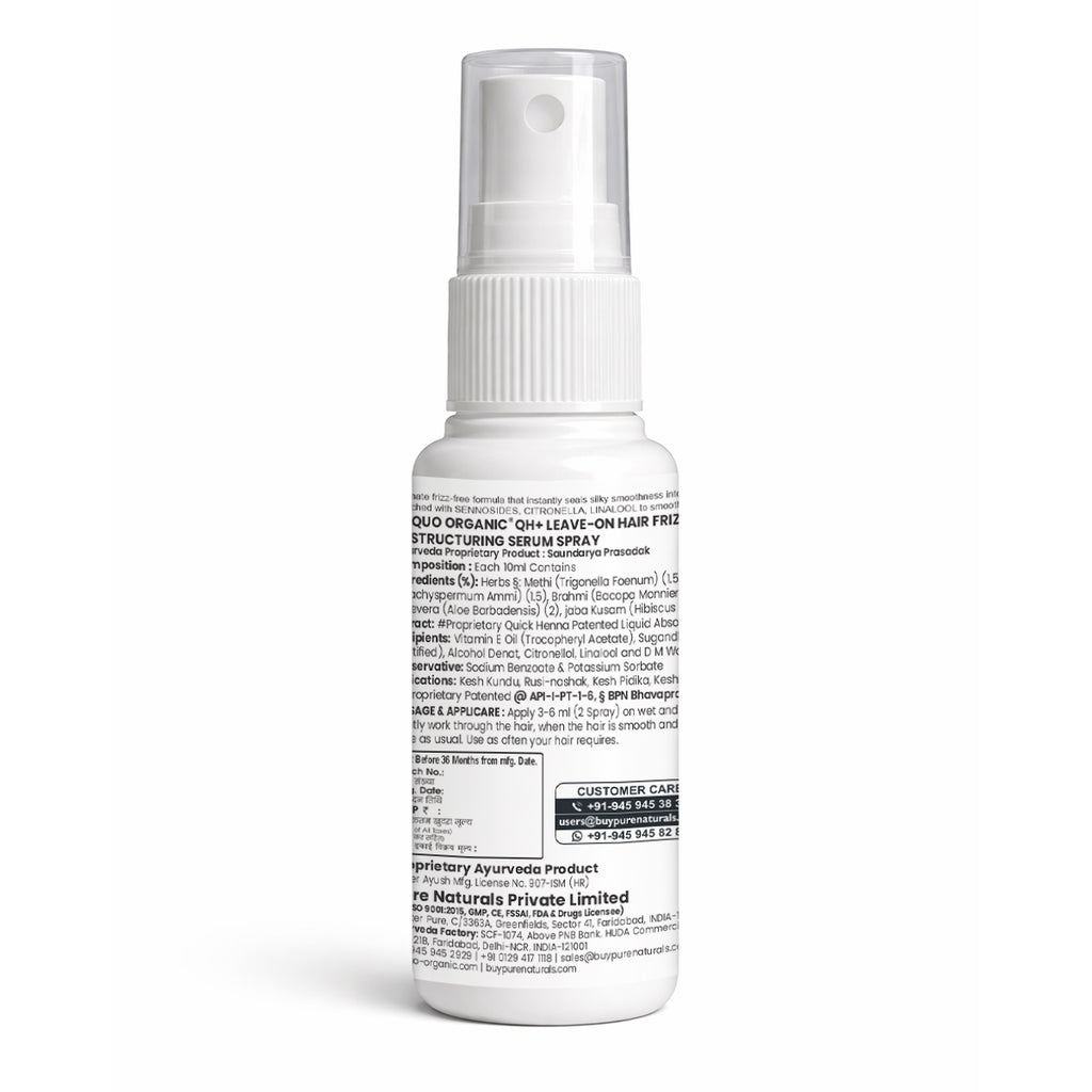 QH+ Aequo Organic Leave On Hair Frizz Restructuring Serum Spray- 30ml