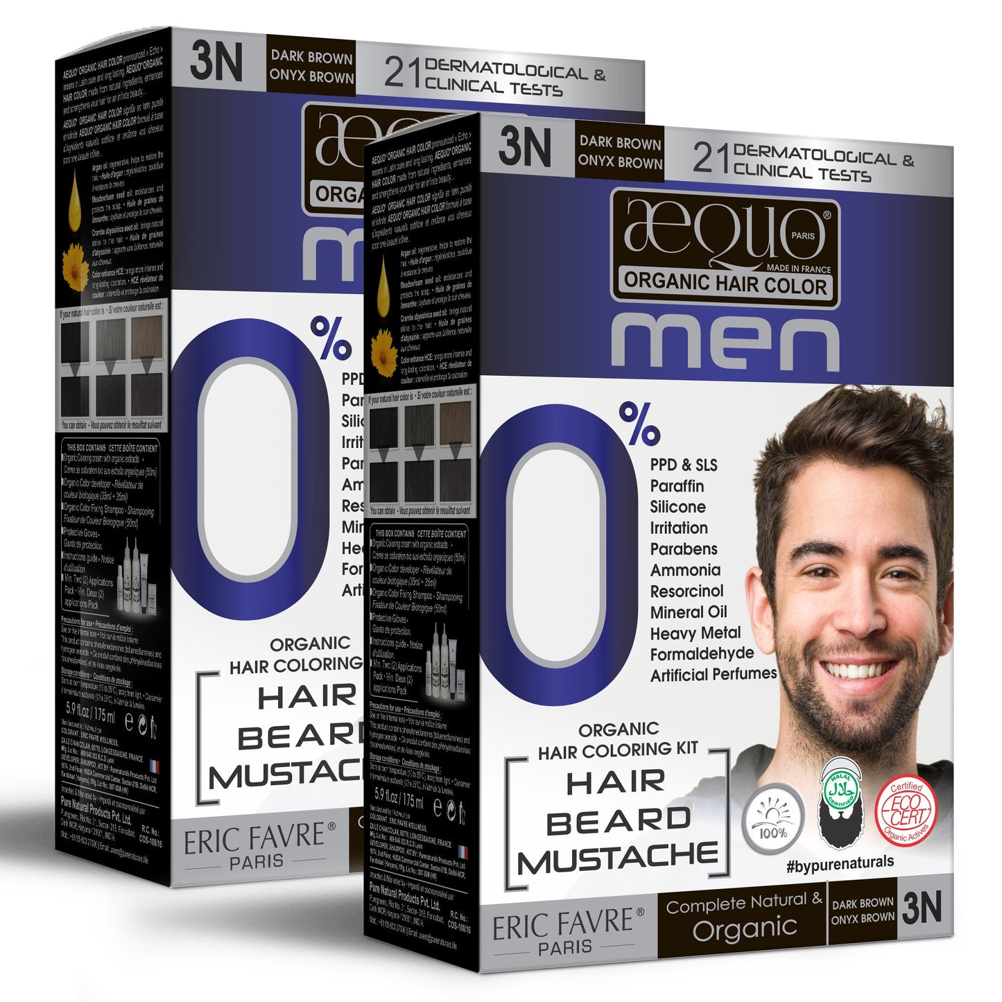 Aequo Organic 3N Dark Brown Organic Hair Beard Mustache Color 170ml for Men (Pack of 2)
