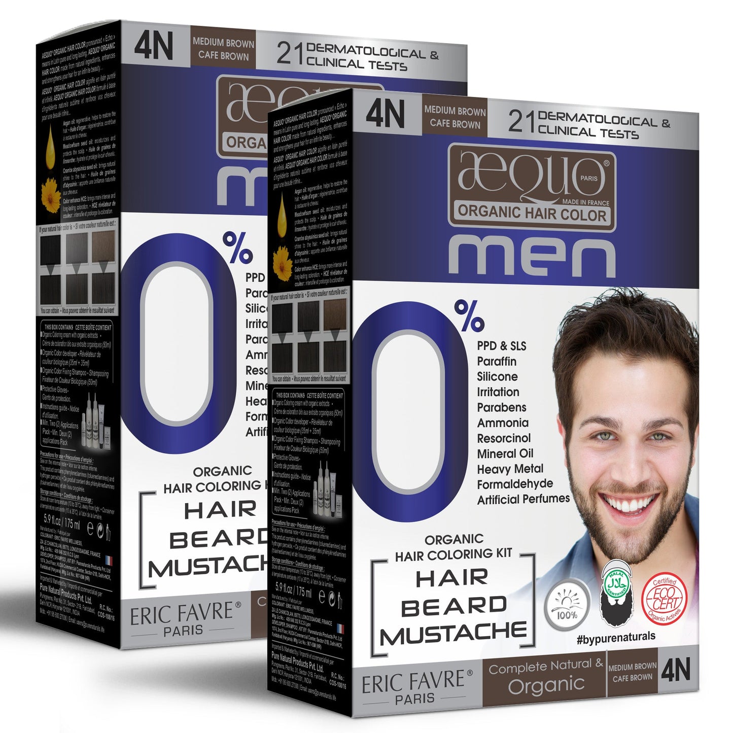 Aequo Organic 4N Medium Brown Free Organic Hair Beard Mustache Color 170ml for Men (Pack of 2)