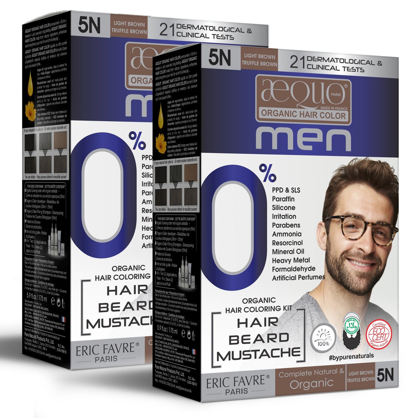 Aequo Organic 5N Brown Organic Hair Beard Mustache Color 170ml for Men (Pack of 2)