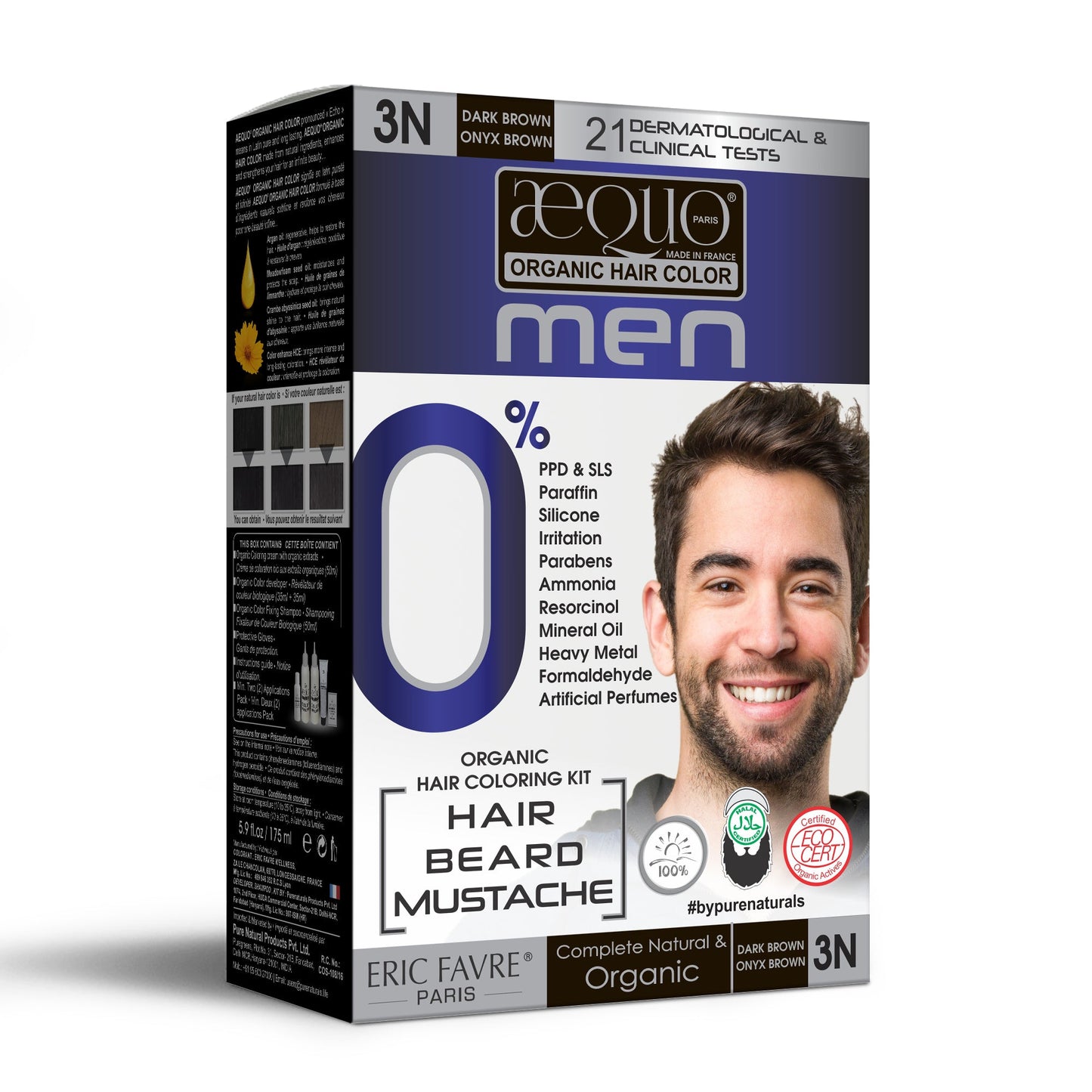 Aequo Organic 3N Dark Brown Organic Hair Beard Mustache Color 170ml for Men