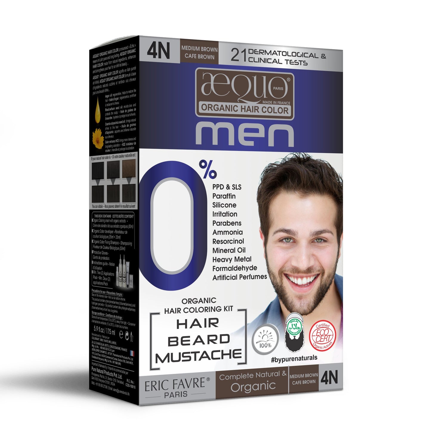 Aequo Organic 4N Medium Brown Free Organic Hair Beard Mustache Color 170ml for Men