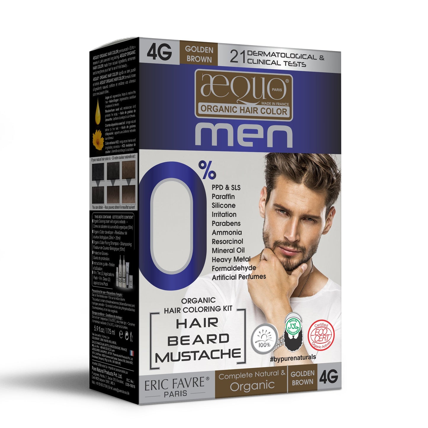 Aequo Organic 4G Golden Brown Free Organic Hair Beard Mustache Color 170ml for Men